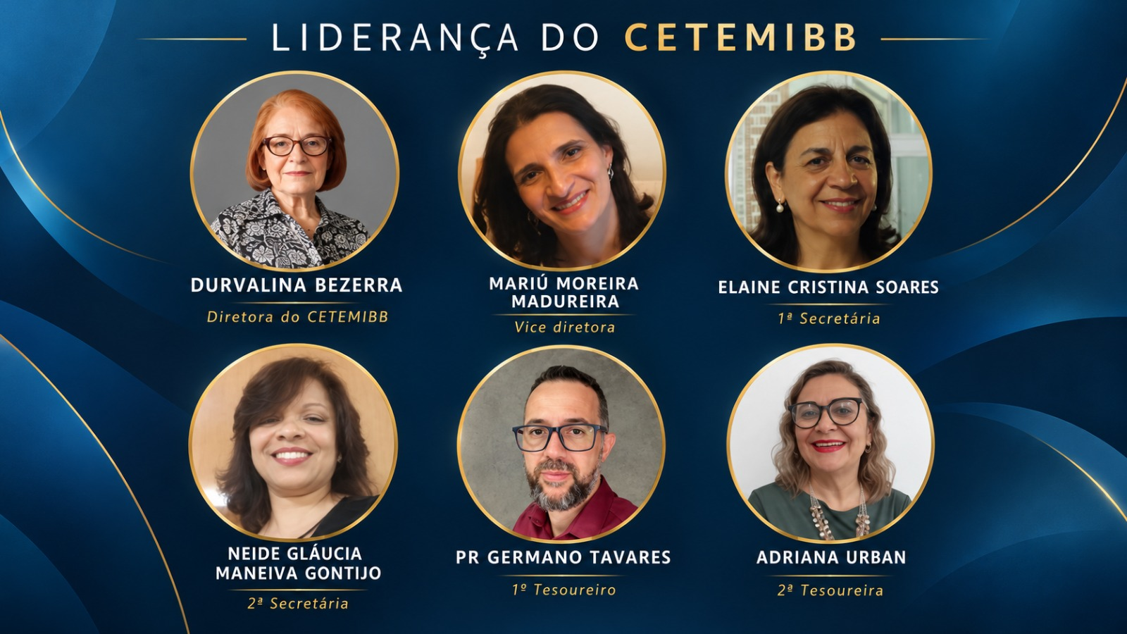 Liderança do CETEMIBB: Durvalina Bezerra, Diretora; Mariú Moreira Madureira, Vice diretora; Elaine Cristina Soares, 1ª Secretária; Neide Gláucia Maneiva Gontijo, 2ª Secretária; Pr Germano Tavares, 1º Tesoureiro; Adriana Urban, 2ª Tesoureira.
